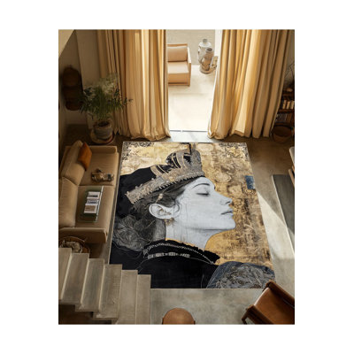 Washable Dido Collection Black Beige Queen Woman Portrait Patterned Modern Decorative Area Rug