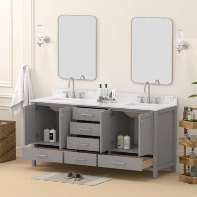 Meuble-lavabo double 72 po en bois massif autoportant avec plateau en pierre reconstituée