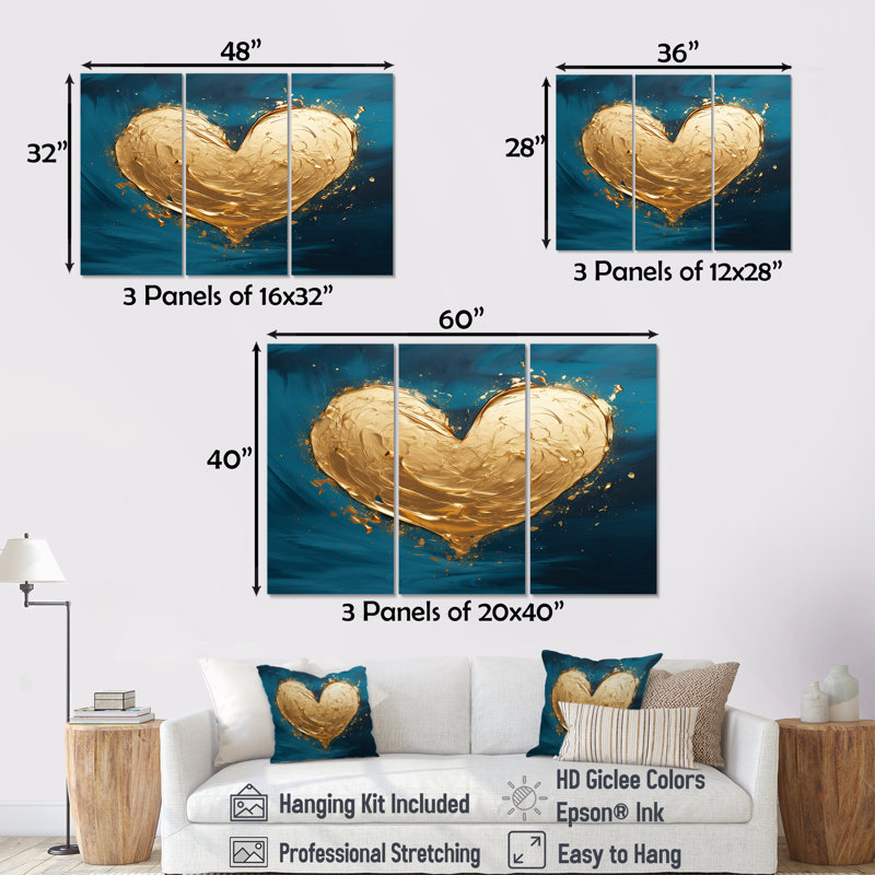 Cœur doré brillant bleu sarcelle foncé - ensemble d'art mural imprimé abstrait, Toile tendue, H 40 po x l 60 po x P 1 po