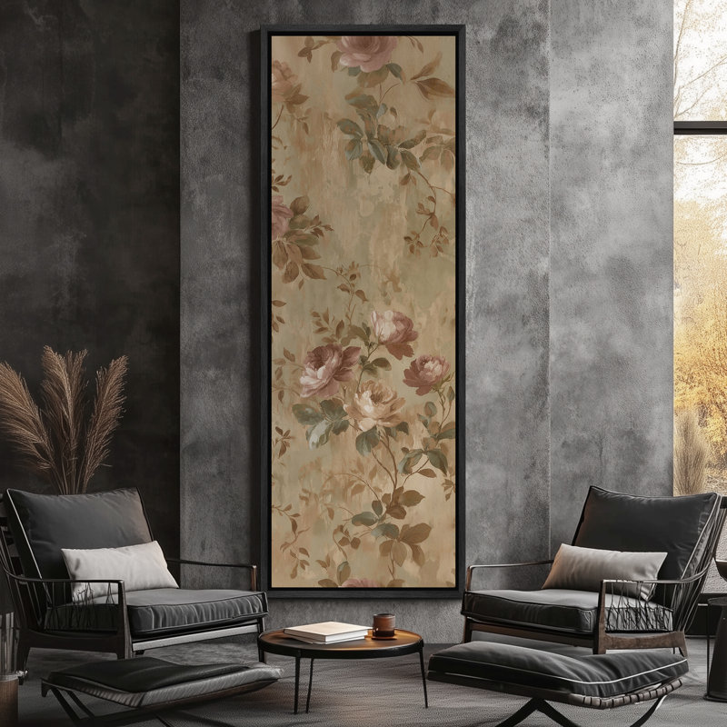 «Vintage Rose Garden Soft Floral» - Reproduction d'art encadrée sur toile encadrée, H 60 po x l 20 po x P 1,5 po, Noir