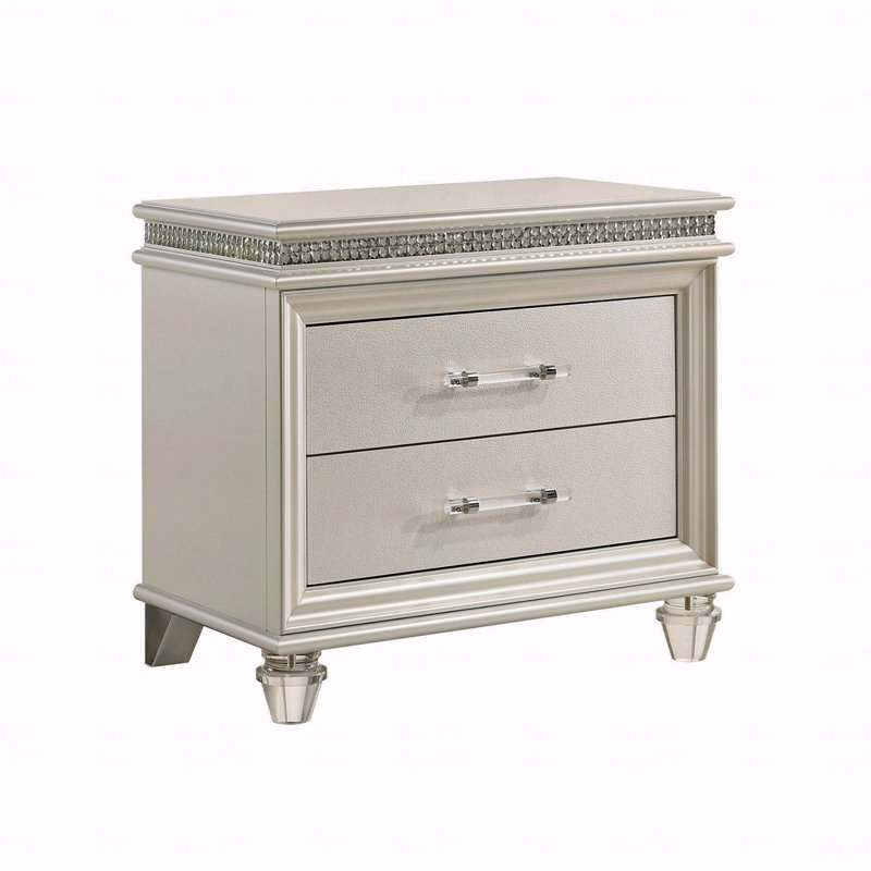Table de chevet en cristal et miroir avec 2 tiroirs, perle en blanc