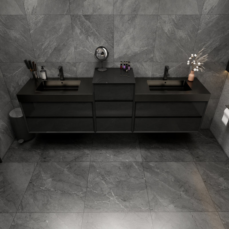 Ensemble de meuble-lavabo double mural 104 po Golitz, Noir lustré