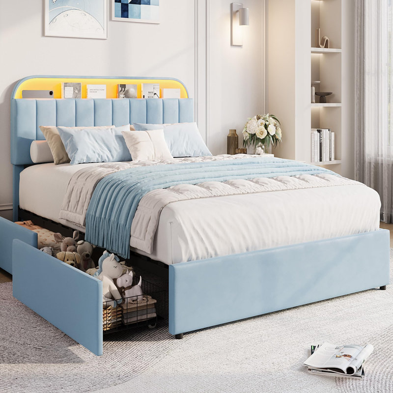 Grand / double / simple lit en velours avec tête de lit réglable et rangement à 2 tiroirs avec plateforme et sommier sans assemblage facile pour la chambre à coucher