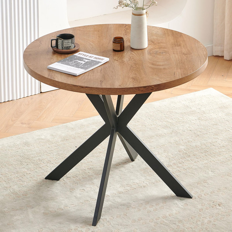 Ealing 37.4" Mid-Century Modern Round Dining Table For 2-4 People - Wood Grain Effect With Metal Legs