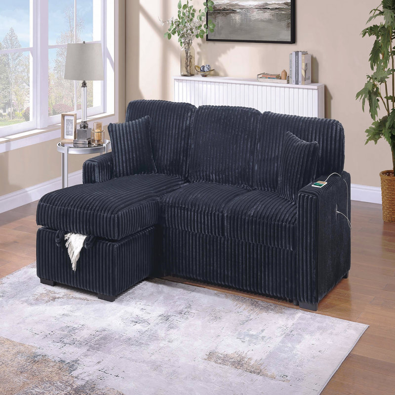 Canapé modulaire convertible 2 pièces de style moderne avec porte-gobelet pliable et porte-gobelet USB, Noir