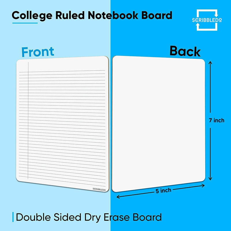 Scribbledo Dry Erase 5"x7" Mini Notebook College Ruled Lined Board 2 Pack Reusable Erasable Writing Note Pad Lapboard Blank Whiteboard On Reverse For Desk
