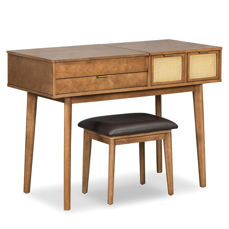 Coiffeuse en bois brun avec miroir rabattable et tabouret, trois tiroirs pour un miroir de coin de maquillage délicat, un tabouret et une configuration exquise