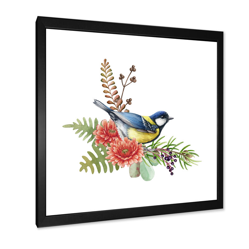 Oiseau mésange bleue avec fleurs - peinture sur toile, H 16 po x l 16 po x P 1 po, Cadre d'angle fermé noir