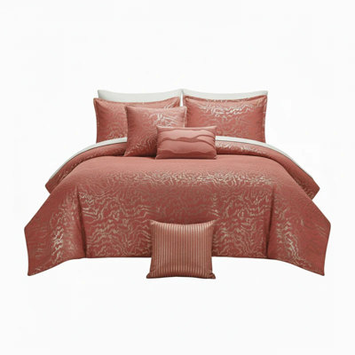 Botanical 5-Piece Comforter Set - Pintuck Bedding with Abstract Wave Design