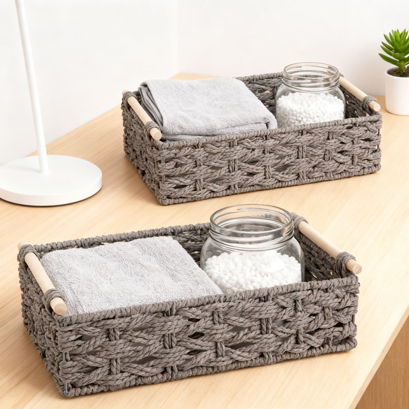 Handmade Paper Rope Storage Baskets With Metal Frame, Decorative Woven Organizer Bin For Bathroom Living Room Bedroom Office Home