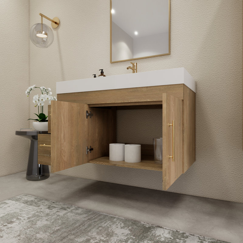 41.9" Wall-Mounted Single Bathroom Vanity Set, Oak