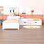 Lit plateforme simple en L en bois avec table intégrée, lit gigogne et tiroirs de rangement-971695985