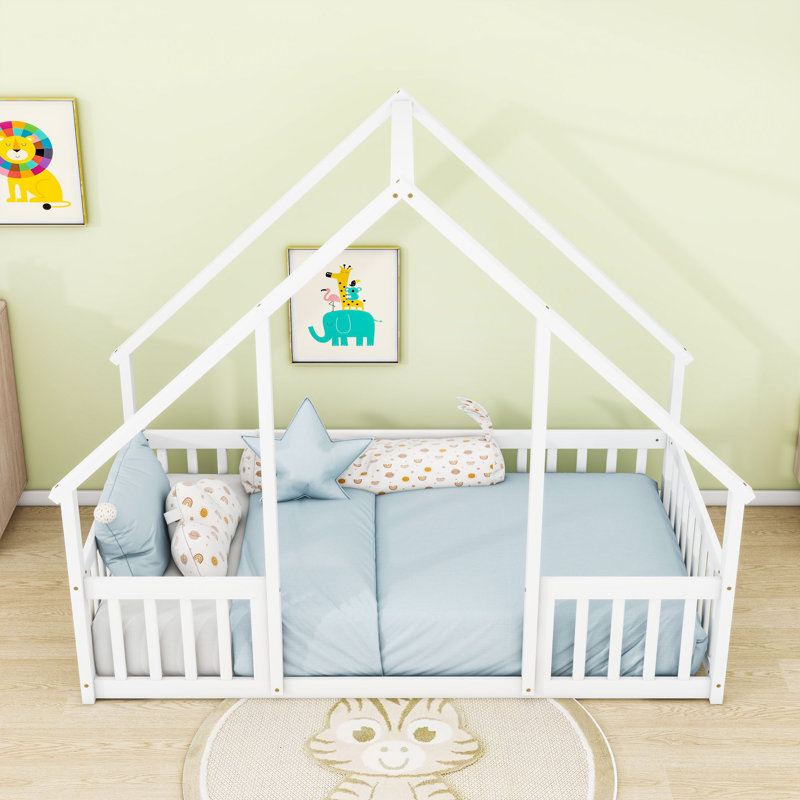 Wood House-Shaped Floor Bed With Guardrails, Twin, White