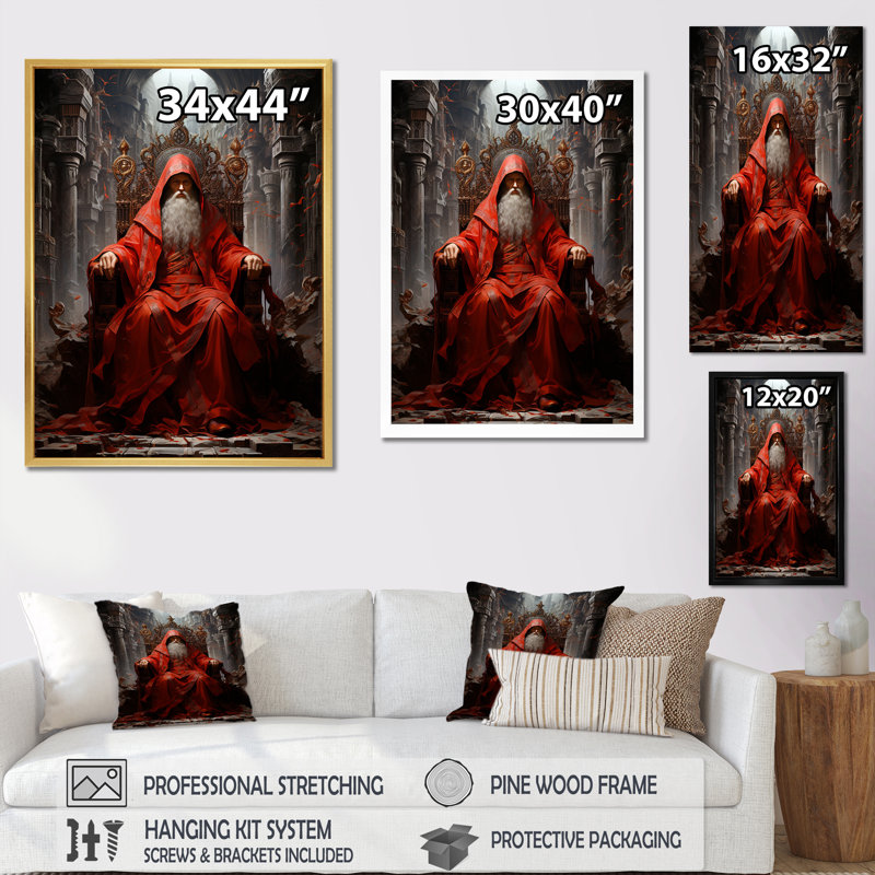 Mystique, trône royal médiéval sur toile, Encadrement doré, H 44 po x l 34 po x P 1,5 po