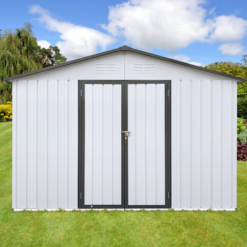 Metal Garden Sheds Outdoor Storage Sheds, 79.9" H x 121.2" W x 147.6" D, White/Gray