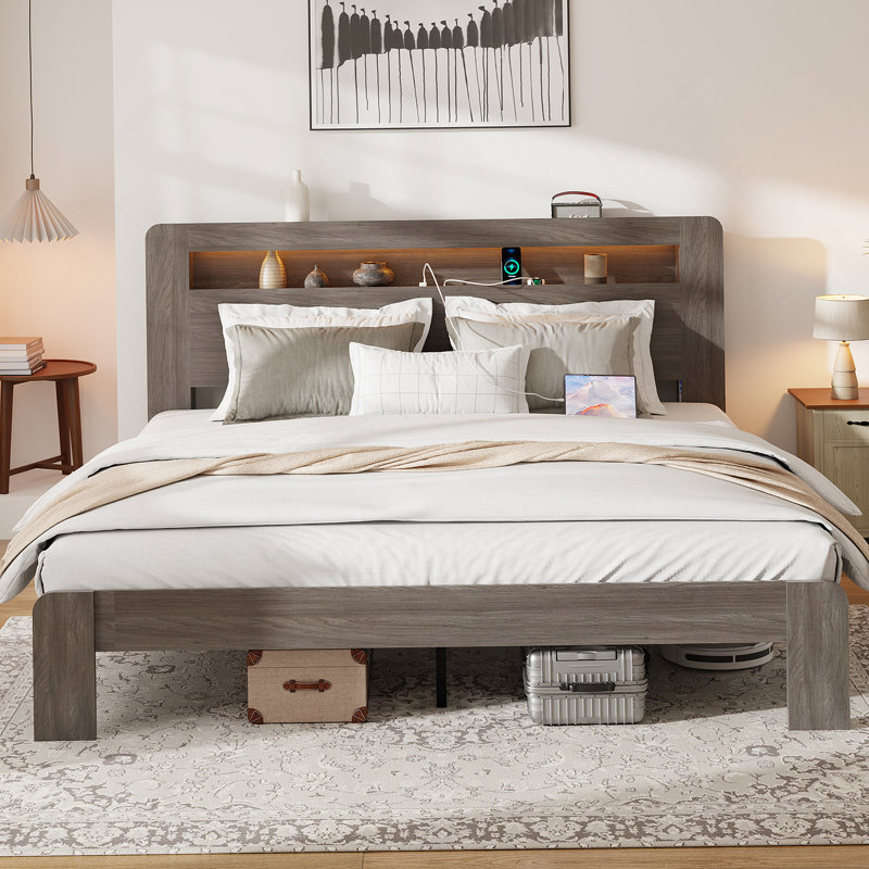 Cadre de lit, cadre de lit plateforme en bois avec lumière DEL et 2 ports USB