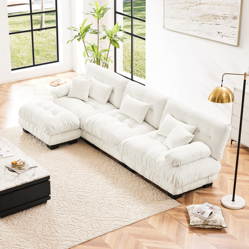 Très grand salon en forme de L - Canapé modulaire à assise profonde de luxe avec chenille blanc