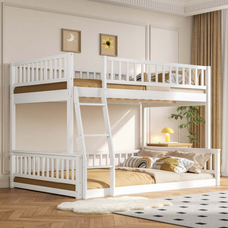 Lit double superposé au-dessus d'un grand lit double avec échelle et garde-corps - Lit pour enfant peu encombrant, blanc