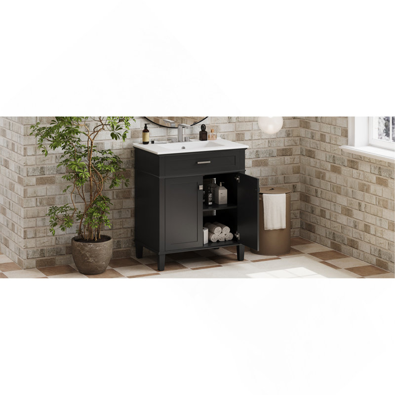 Meuble-lavabo de 30 pouces avec lavabo en céramique, porte à fermeture en douceur et tablettes réglables, Noir