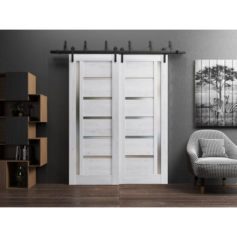 Portes coulissantes de placard en verre dépoli de style grange Quadro 4088 Blanc nordique | Rails robustes de 2 m, quincaillerie incluse, portes de placard de chambre en bois massif - 162,5 x 203 cm (2 x 81 x 203 cm)
