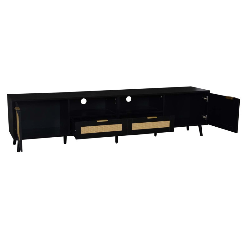 Meuble télé pour téléviseurs de 85 pouces, meuble multimédia polyvalent pour salon, design et construction robustes, pieds en bois massif, console multimédia 80 pouces, meuble moderne avec charnières, rangement multifonctionnel, panneau élégant.