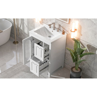 Meuble-lavabo de 24 po avec lavabo en céramique, armoire en bois massif blanc, tiroirs, armoire et porte réglables modernes