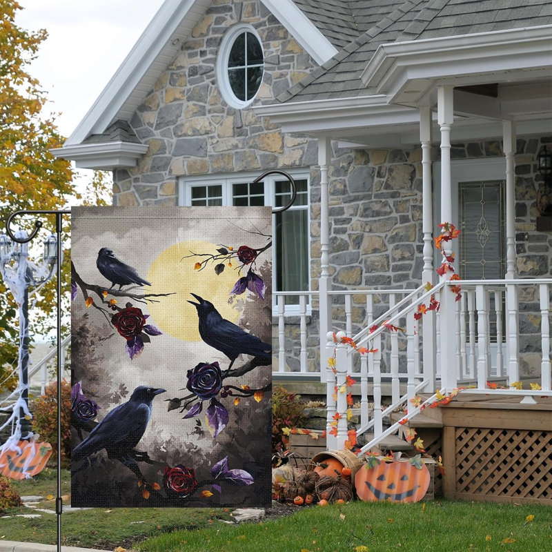 Halloween Halloween drapeau de jardin 12 x 18 double face, toile de jute petit drapeaux de maison d'Halloween floral