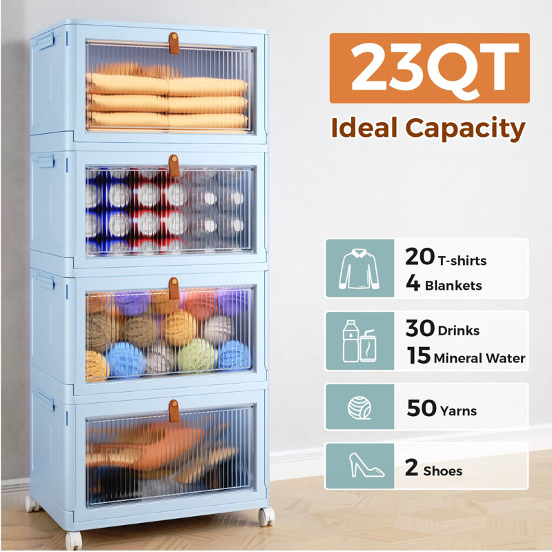 4 Tier Stackable Plastic Storage Bins with Lid and Wheels - 23 QT Closet Organizers and Storage, Foldable Storage Containers, Organization and Storage Boxes for Craft, Home, Pantry, Dorm