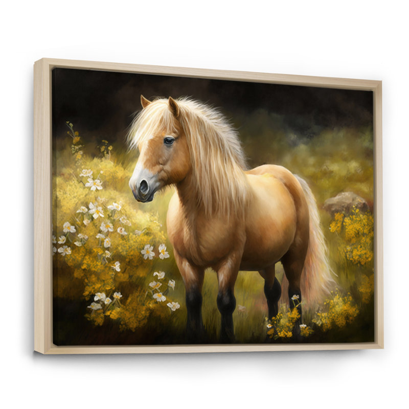 Poney doré dans un pré de fleurs - impression, H 34 po x l 44 po x P 1,5 po, Cadre naturel flottant