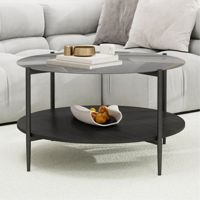Table basse ronde moderne dorée double couche + verre trempé + rangement et décoration + 32,28 po de diamètre + couleur or
