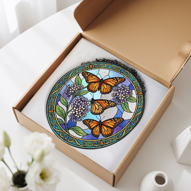 Panneau de vitrail floral papillon H 12 po, H 12 po