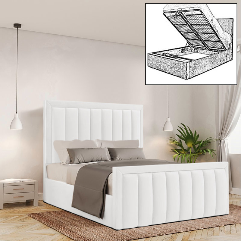 Bhopal Upholstered Ottoman Storage Bed, White, Double (4'6)
