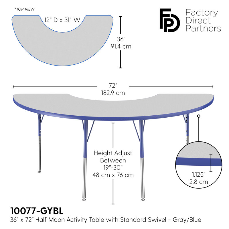 Table d'activité demi-lune 36 "x 72" avec pieds réglables, Gris / bleu, Roulement pivotant standard