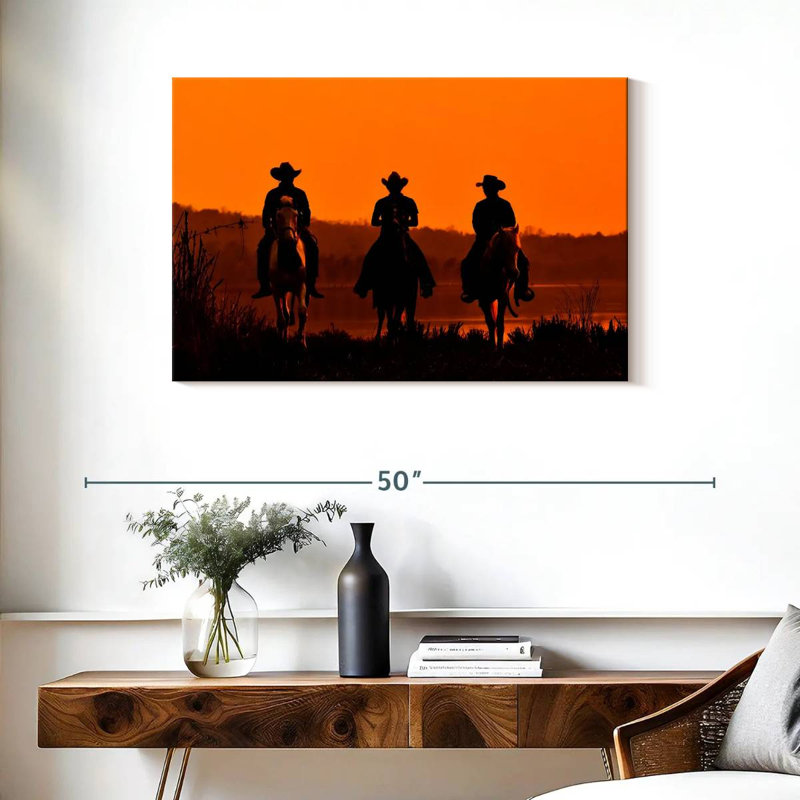 Cowboys au coucher du soleil, H 24 po x l 36 po