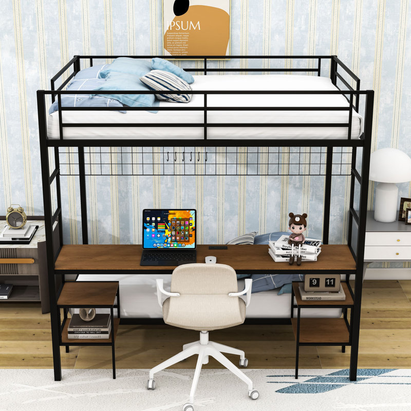 Lit superposé double au-dessus de simple avec bureau intégré et station de charge, Noir / chêne cannelle