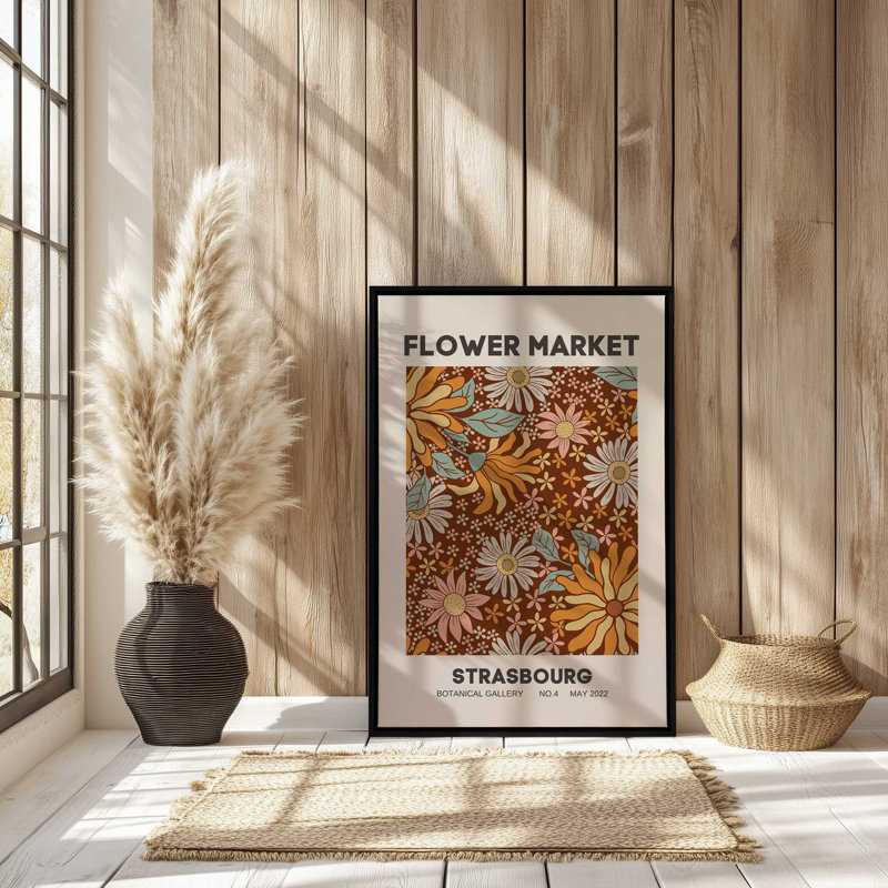 Retro Strasbourg Flower Market Print, 12.75" H x 8.75" W x 1.75" D, Satin Black Floater Framed