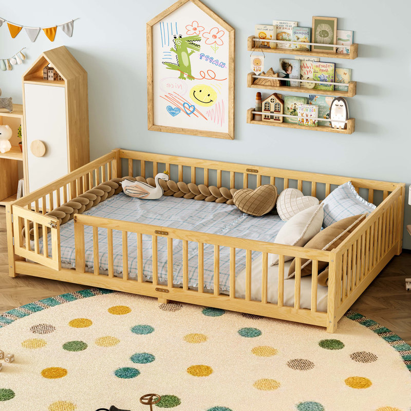 Lit double sur pied avec barrières de sécurité et porte pour enfants, gris, Grand lit, Naturel