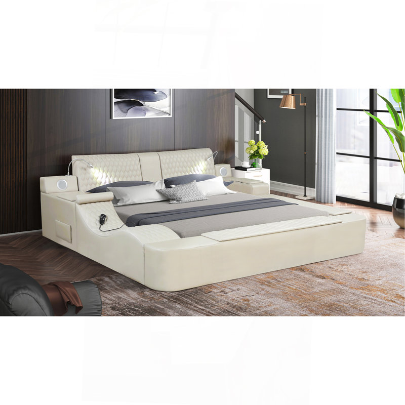 Grand lit multifonctionnel intelligent fabriqué en bois, Beige