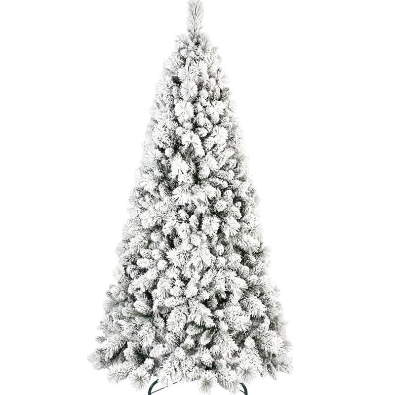 1252 branches de sapin de Noël floqué de 7,5 pi éclairées par 500 lumières à DEL blanc chaud, branches enneigées et à aiguilles dures, conception à charnières pour une installation en douceur, support en métal robuste pour les Fêtes