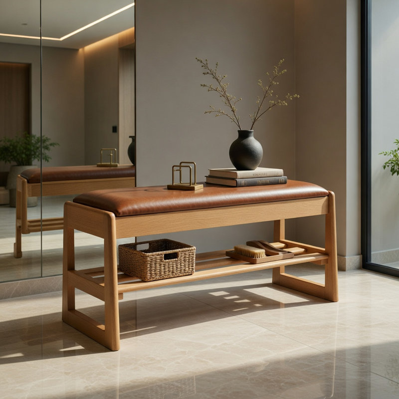 Banc à chaussures à 2 niveaux avec rangement rabattable - Banc d'entrée en bois d'hévéa, siège rembourré et compartiment caché, brun / beige naturel