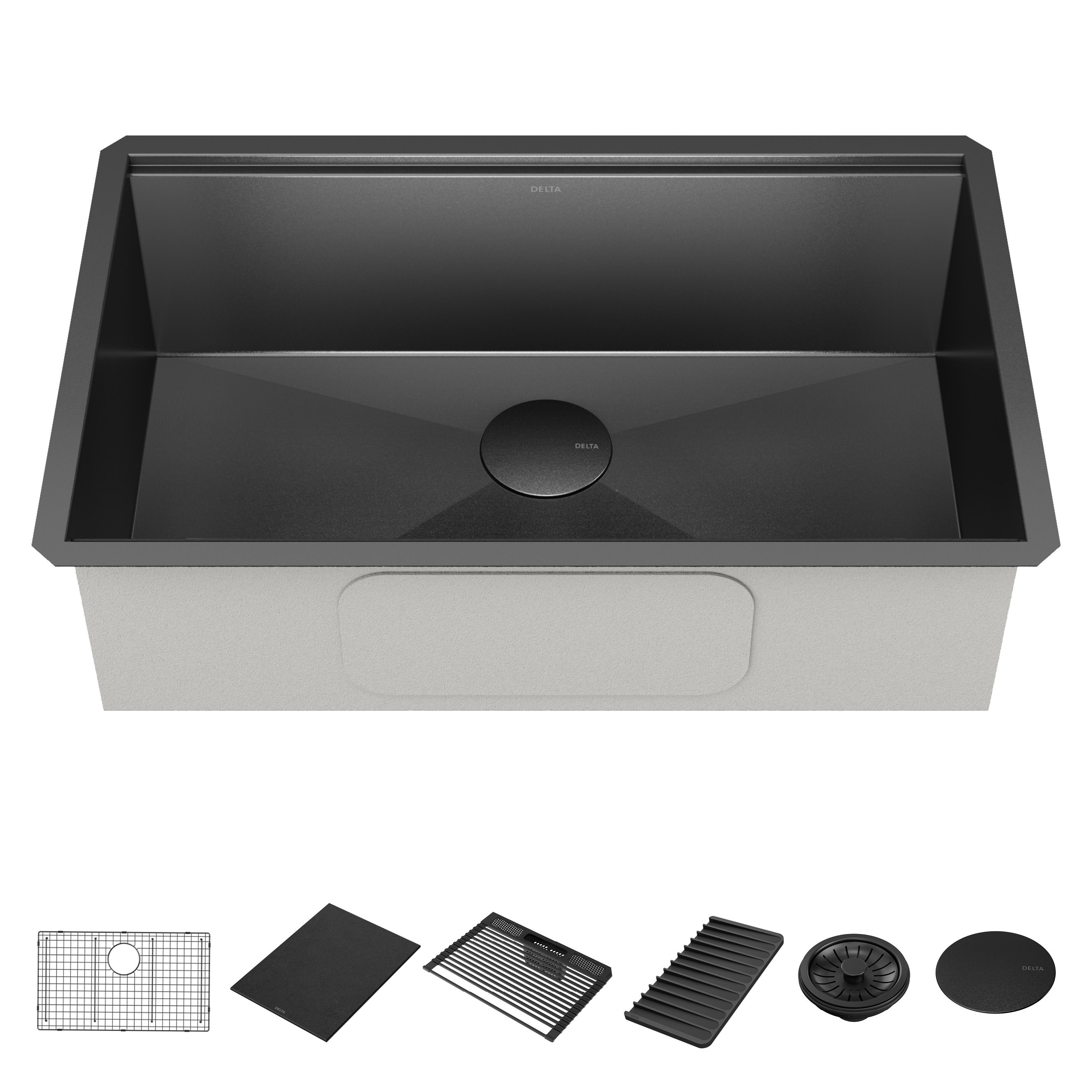 Delta Spüle Rivet – 76,2 Cm, Schwarz Edelstahl, Bauernhaus-Front, Inkl. Schneidebrett & Abtropfgestell