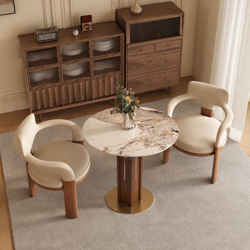 Table de salle à manger ronde 33 po de luxe avec piédestal multicouche en noyer et base en or brossé - disponible en verre, marbre chaud et plateau en marbre