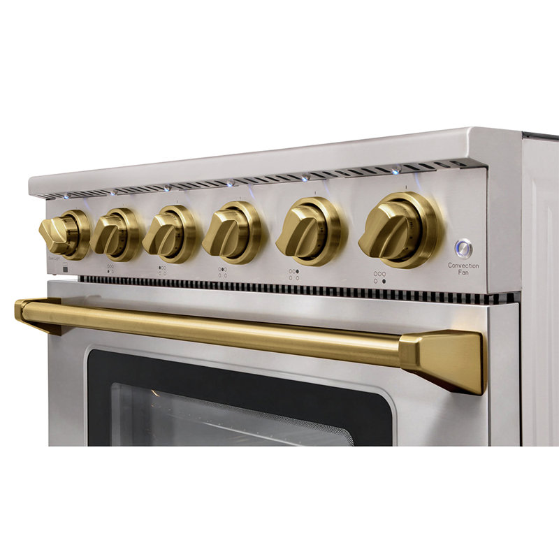 Cuisinière électrique professionnelle KOSTCH de 91 cm (36 po) avec table de cuisson à 5 éléments chauffants, four à convection d'une capacité de 170 litres (6 pi³), four à surface en verre lisse en acier inoxydable avec accents bronze
