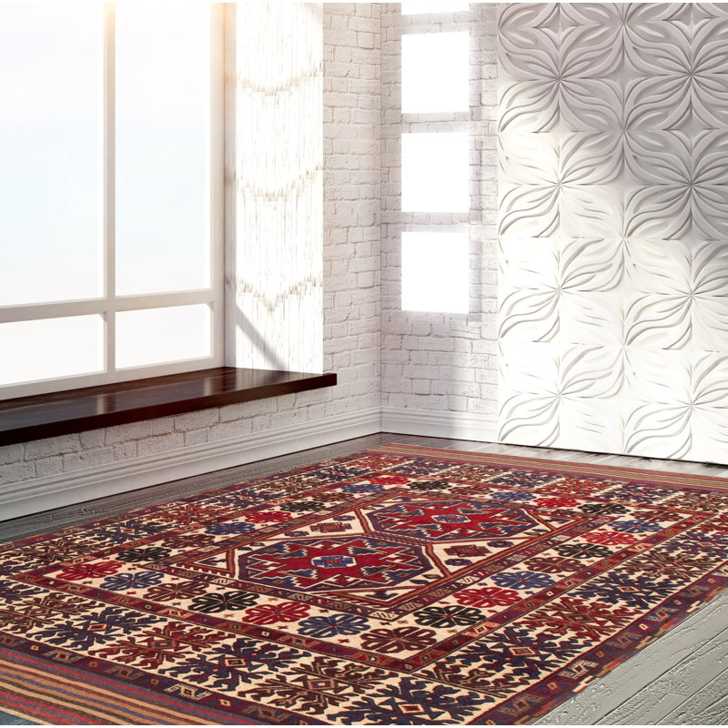 Tapis rouge foncé noué à la main de conception unique 6 pi 5 po x 8 pi 8 po Joashus
