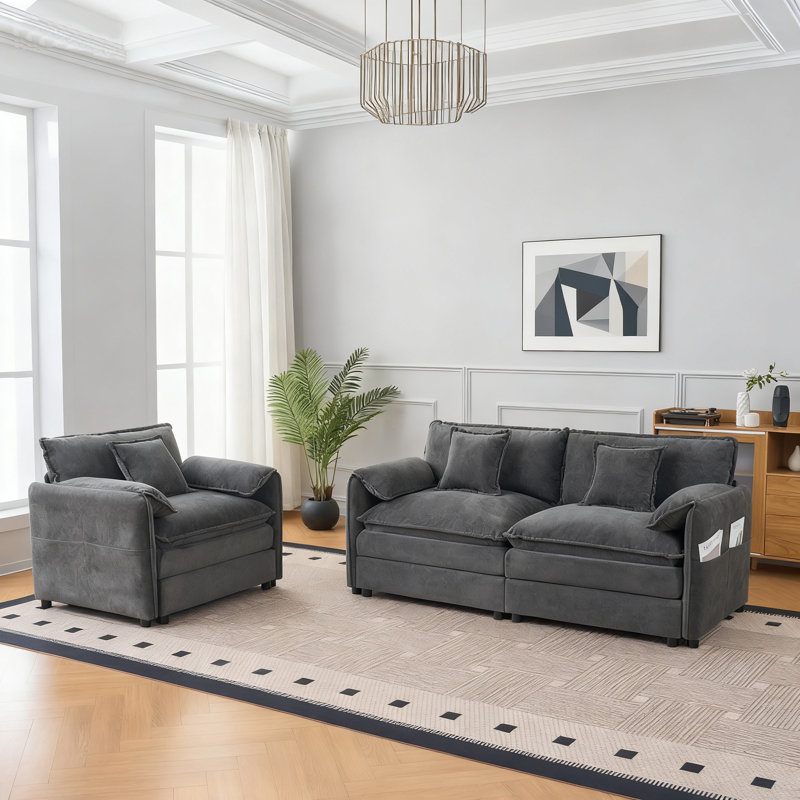 Ensemble de causeuse luxueuse 2 pièces avec 3 coussins, canapé moderne et fauteuil, Gris