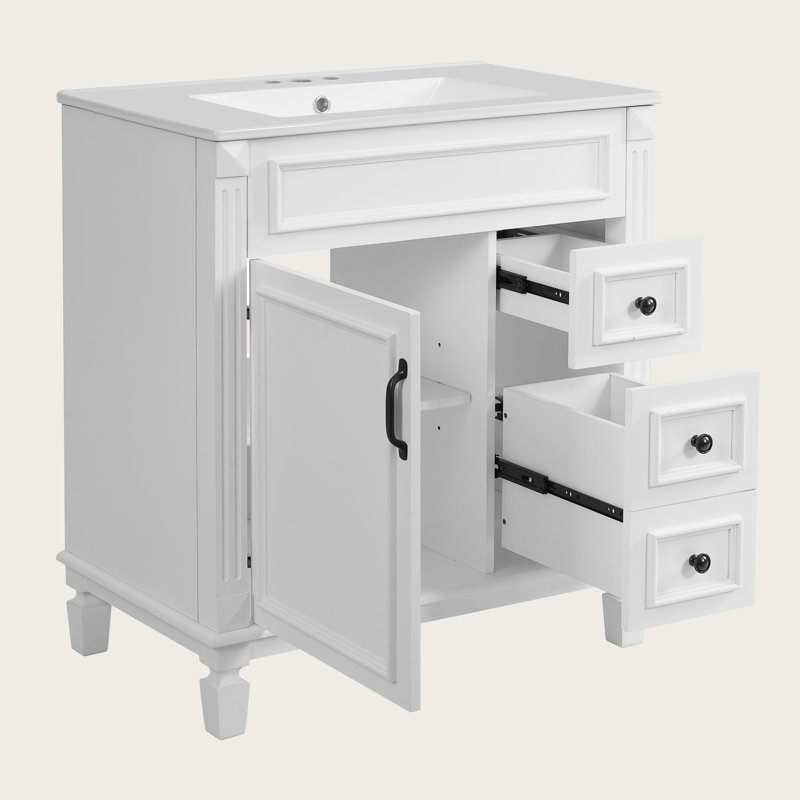 Meuble-lavabo de 30 po avec lavabo en céramique, meuble de salle de bain autoportant moderne avec 2 tiroirs et tablette réglable, meuble-lavabo de salle de bain de style français pour petits espaces