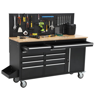 61 Inch Heavy Duty Rolling Tool Chest Workbench, 10-Drawer Mobile Cabinet with Rubber Wood Top, Power Strip & 1675 lbs Capacity, Pre-Assembled for Garage or Workshop - Black