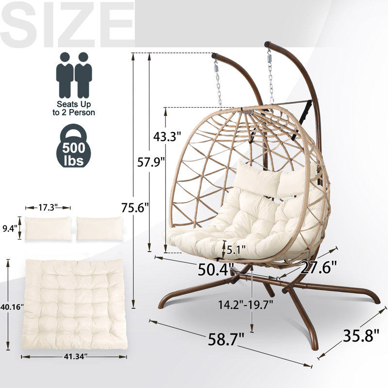 Balancelle pour 2 personnes d'extérieur / intérieur avec support, fauteuil double suspendu avec coussin, Beige