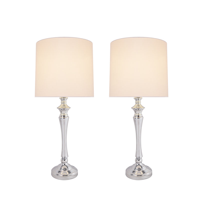 Encinal Chrome Finish Metal Table Lamp Set with White Drum Shade