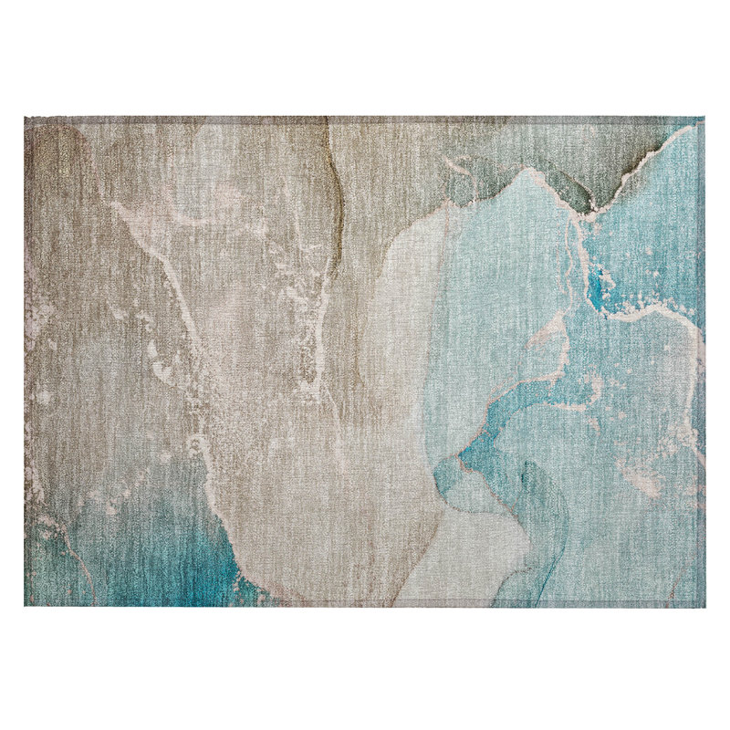 2' X 3' Teal Abstract Washable Non Skid Indoor Outdoor Area Rug